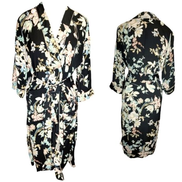 Bleuh Ciel Floral Boho Kimono Duster Jacket Black Floral Botanical US S - Picture 1 of 9